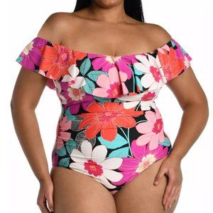 LA BLANCA Off-The-Shoulder Ruffled One-Piece Swimsuit Floral Plus Size 18 20 22